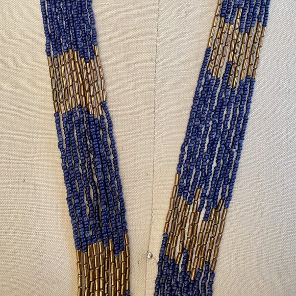 Long Multi-strand Necklace with Blue and Gold Beads - Picture 3 of 5